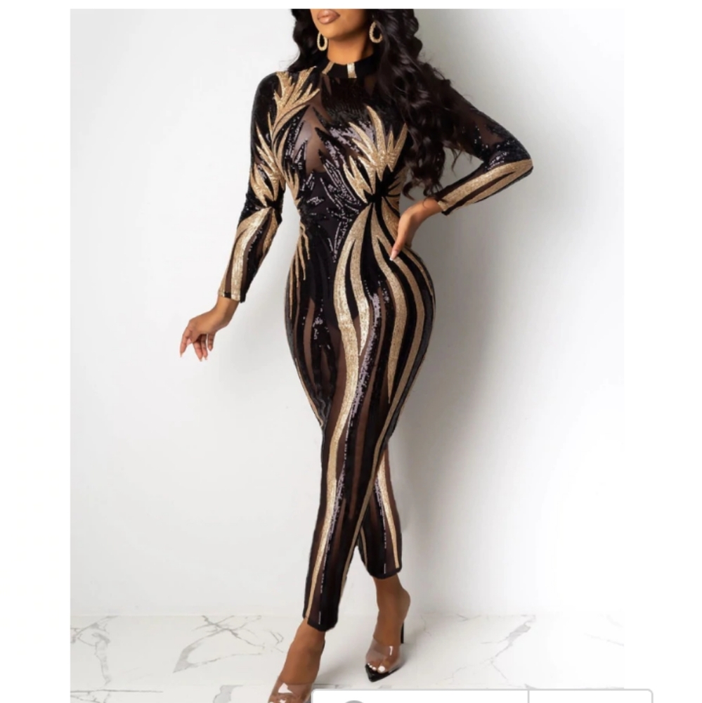 One piece NEW sequins mesh bodysuit  XL black and gold